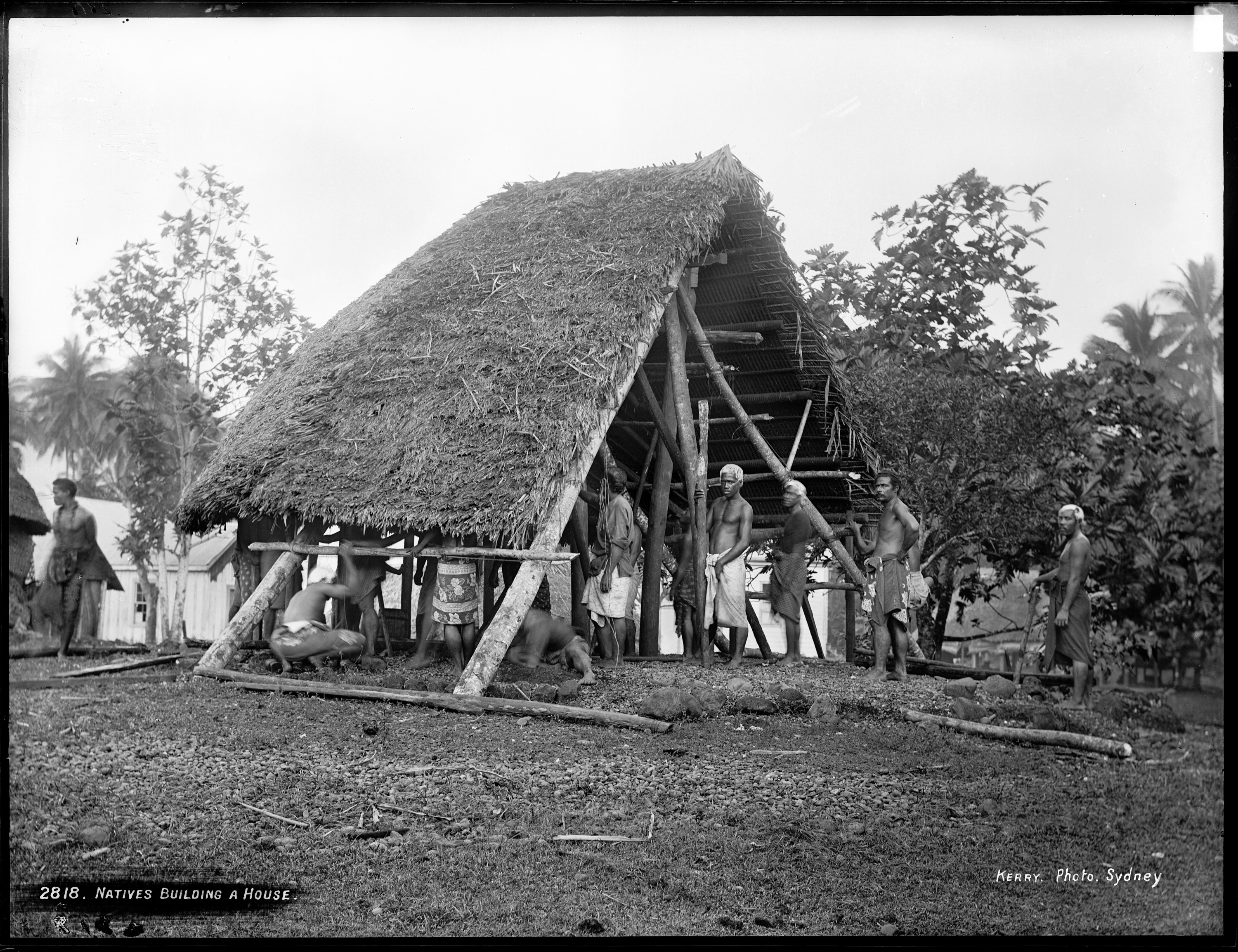 Glass plate negative of house building in SÄmoa